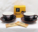 Cappuccino cup gift with two Maxwell Williams dark brown cappuccino cup and saucers, Molly Woppy biscotti and chocolate